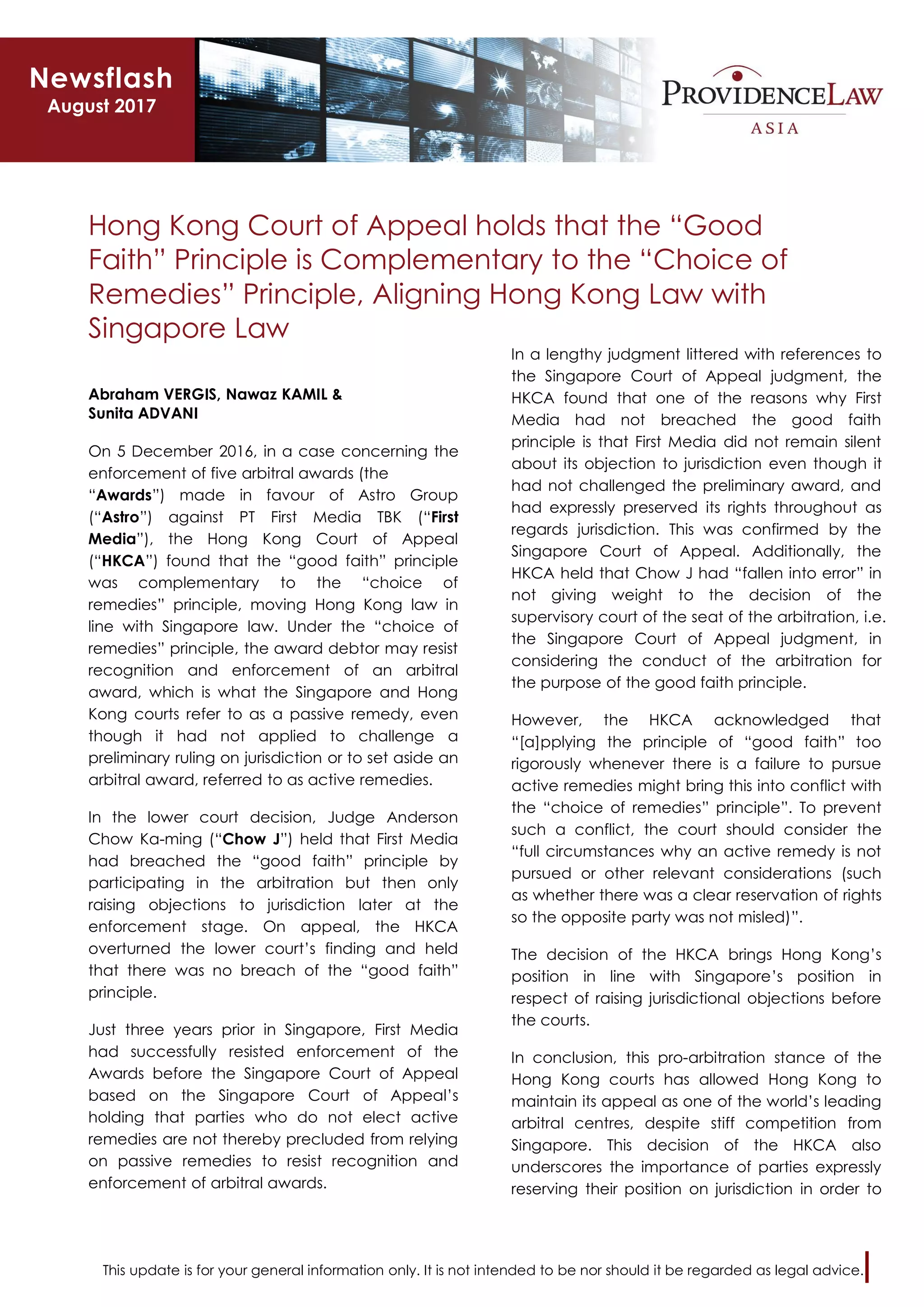 Hong Kong Court of Appeal holds that the "Good Faith" Principle is