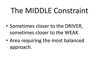 The MIDDLE Constraint
• Sometimes closer to the DRIVER,
sometimes closer to the WEAK.
• Area requiring the most balanced
approach.
 