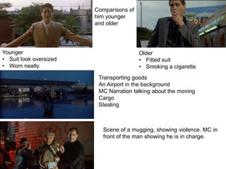 Comparisons of
him younger
and older
Younger
• Suit look oversized
• Worn neatly
Older
• Fitted suit
• Smoking a cigarette
Transporting goods
An Airport in the background
MC Narration talking about the moving
Cargo
Stealing
Scene of a mugging, showing violence. MC in
front of the man showing he is in charge.
 