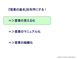 Copyright © K Consulting All Rights Reserved.
『営業の基本』を科学にする！
＝＞営業の見える化
＝＞営業のマニュアル化
＝＞営業の組織化
 