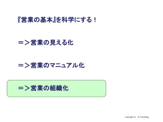 Copyright by K Consulting
『営業の基本』を科学にする！
＝＞営業の見える化
＝＞営業のマニュアル化
＝＞営業の組織化
 