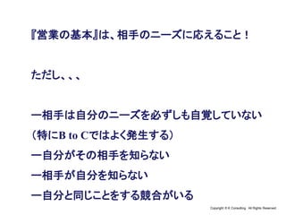 Copyright © K Consulting All Rights Reserved.
『営業の基本』は、相手のニーズに応えること！
ただし、、、
ー相手は自分のニーズを必ずしも自覚していない
（特にB to Cではよく発生する）
ー自分がその相手を知らない
ー相手が自分を知らない
ー自分と同じことをする競合がいる
 