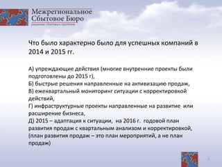 5
Что было характерно было для успешных компаний в
2014 и 2015 гг.
А) упреждающие действия (многие внутренние проекты были
подготовлены до 2015 г),
Б) быстрые решения направленные на активизацию продаж,
В) ежеквартальный мониторинг ситуации с корректировкой
действий,
Г) инфраструктурные проекты направленные на развитие или
расширение бизнеса,
Д) 2015 – адаптация к ситуации, на 2016 г. годовой план
развития продаж с квартальным анализом и корректировкой,
(план развития продаж – это план мероприятий, а не план
продаж)
 