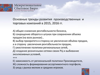 6
Основные тренды развития производственных и
торговых компаний в 2015, 2016 гг.
А) общее снижение рентабельности бизнеса,
Б) сокращение оборота в штуках при сохранении объема
продаж (на всех рынках) ,
В) выбор приоритета в сторону не увеличения объёма продаж,
а в сторону увеличения рентабельности продаж,
Г) ужесточение политики региональных сетей,
Д) создание розничными сетями своих РЦ и выбивание
эксклюзивных условий,
+++
Е) зависимость от региональной политики Производителя,
Ж) сложность формирования ассортиментного портфеля,
З) уход с рынка мелких и средних игроков.
 