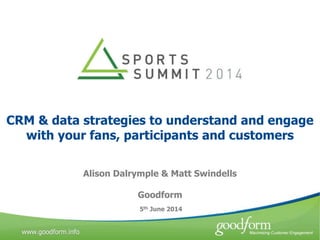 CRM & data strategies to understand and engage
with your fans, participants and customers
Alison Dalrymple & Matt Swindells
Goodform
5th June 2014
 