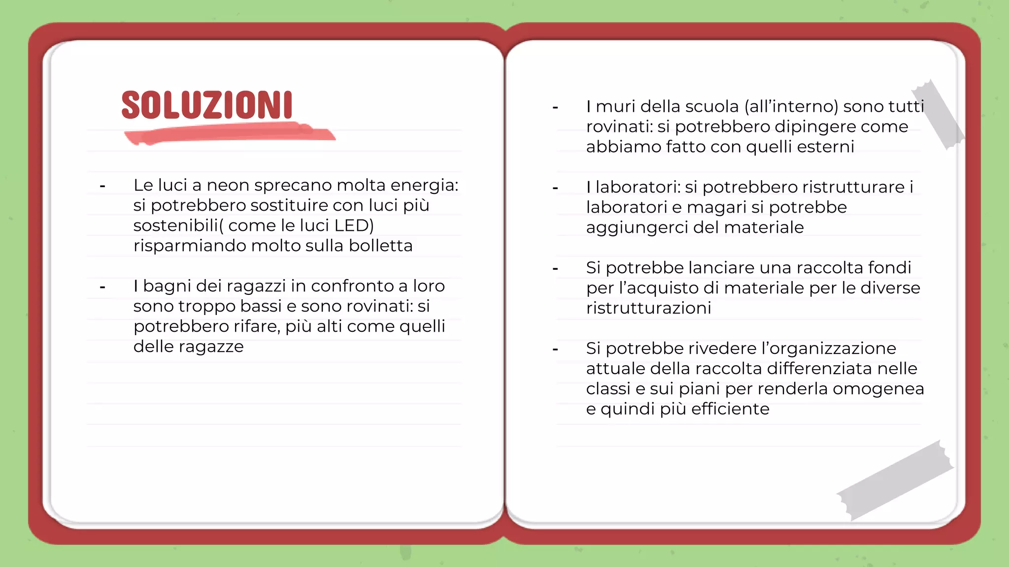 - Le luci a neon sprecano molta energia:
si potrebbero sostituire con luci più
sostenibili( come le luci LED)
risparmiando molto sulla bolletta
- I bagni dei ragazzi in confronto a loro
sono troppo bassi e sono rovinati: si
potrebbero rifare, più alti come quelli
delle ragazze
SOLUZIONI - I muri della scuola (all’interno) sono tutti
rovinati: si potrebbero dipingere come
abbiamo fatto con quelli esterni
- I laboratori: si potrebbero ristrutturare i
laboratori e magari si potrebbe
aggiungerci del materiale
- Si potrebbe lanciare una raccolta fondi
per l’acquisto di materiale per le diverse
ristrutturazioni
- Si potrebbe rivedere l’organizzazione
attuale della raccolta differenziata nelle
classi e sui piani per renderla omogenea
e quindi più efficiente
 
