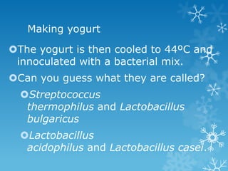 Making yogurt

The yogurt is then cooled to 44ºC and
 innoculated with a bacterial mix.
Can you guess what they are called?
  Streptococcus
   thermophilus and Lactobacillus
   bulgaricus
  Lactobacillus
   acidophilus and Lactobacillus casei.
 