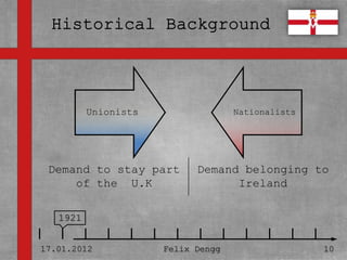 • Textmasterformate durch Klicken
  bearbeiten
      Unionists         Nationalists

   – Zweite Ebene
     • Dritte Ebene
 Demand to stay part          Demand belonging to
     of –the U.K
          Vierte Ebene              Ireland
             » Fünfte Ebene
   1921


17.01.2012            Felix Dengg               10
 