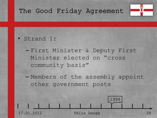 • Strand 1:
• Textmasterformate durch Klicken
  bearbeiten
   – First Minister & Deputy First
     Minister elected on “cross
   – Zweite Ebene
     community basis”
      • Dritte Ebene
   – Members of the assembly appoint
        – Vierte Ebene
     other government posts
             » Fünfte Ebene
                                    1998


17.01.2012            Felix Dengg          28
 