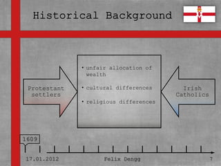 • Textmasterformate durch Klicken
           •
  bearbeiten unfair allocation of
             wealth

   – Zweite
 Protestant     Ebene
                 • cultural   differences     Irish
  settlers                                  Catholics
       • Dritte •Ebene
                  religious   differences

          – Vierte Ebene

             » Fünfte Ebene
1609


17.01.2012              Felix Dengg                     7
 