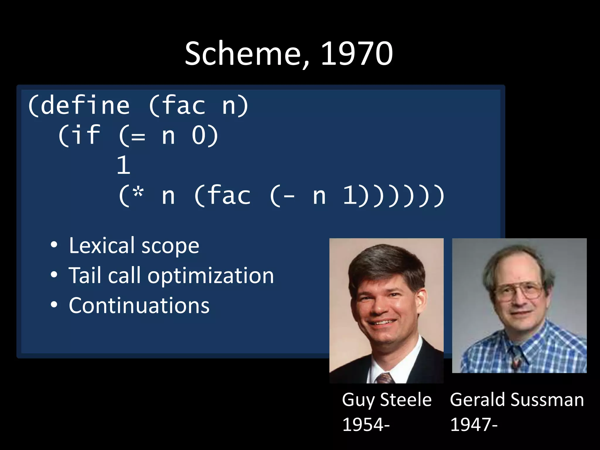 Guy Steele
1954-
Scheme, 1970
(define (fac n)
(if (= n 0)
1
(* n (fac (- n 1))))))
• Lexical scope
• Tail call optimization
• Continuations
Gerald Sussman
1947-
 