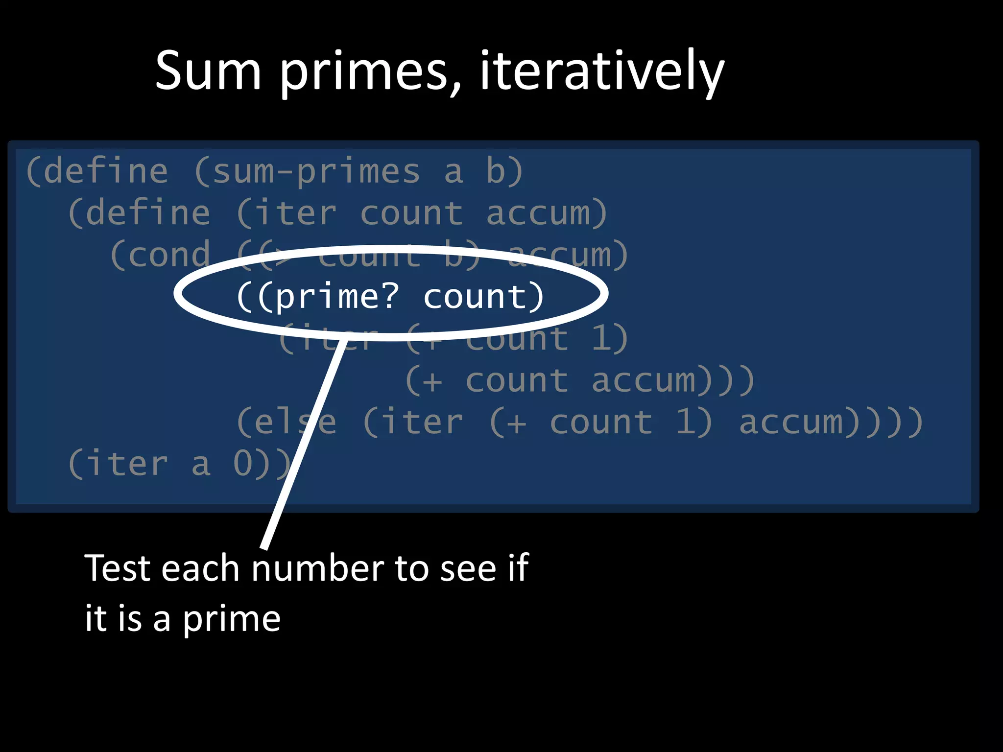 (define (sum-primes a b)
(define (iter count accum)
(cond ((> count b) accum)
((prime? count)
(iter (+ count 1)
(+ count accum)))
(else (iter (+ count 1) accum))))
(iter a 0))
Sum primes, iteratively
Test each number to see if
it is a prime
 