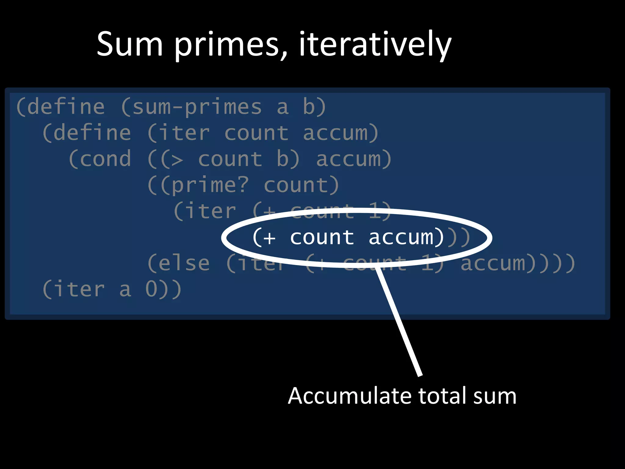 (define (sum-primes a b)
(define (iter count accum)
(cond ((> count b) accum)
((prime? count)
(iter (+ count 1)
(+ count accum)))
(else (iter (+ count 1) accum))))
(iter a 0))
Sum primes, iteratively
Accumulate total sum
 