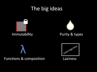 Functions & composition
Immutability Purity & types
The big ideas
λ
Laziness
 