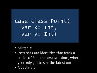 case class Point(
var x: Int,
var y: Int)
• Mutable
• Instances are identities that track a
series of Point states over time, where
you only get to see the latest one
• Not simple
 