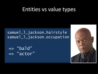 Entities vs value types
samuel_l_jackson.hairstyle
samuel_l_jackson.occupation
=> “bald”
=> “actor”
 