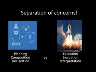 Separation of concerns!
Planning
Composition
Declaration
vs
Execution
Evaluation
Interpretation
 