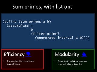 (define (sum-primes a b)
(accumulate +
0
(filter prime?
(enumerate-interval a b))))
Sum primes, with list ops
Efficiency 👎
• The number list is traversed
several times
Modularity 👍
• Prime test impl & summation
impl just plug in together
 