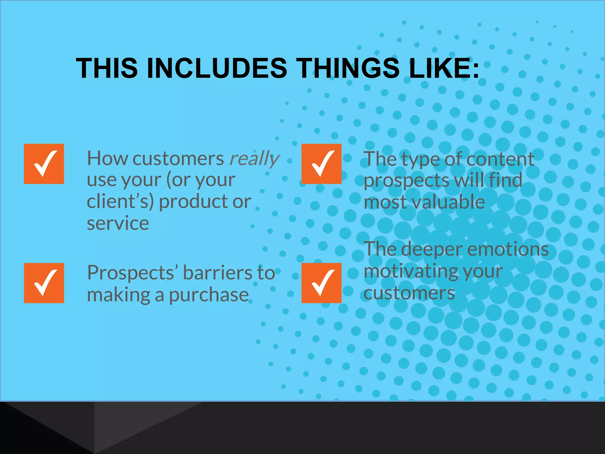 THIS INCLUDES THINGS LIKE:
How customers really
use your (or your
client’s) product or
service
Prospects’ barriers to
making a purchase
The type of content
prospects will find
most valuable
The deeper emotions
motivating your
customers
 