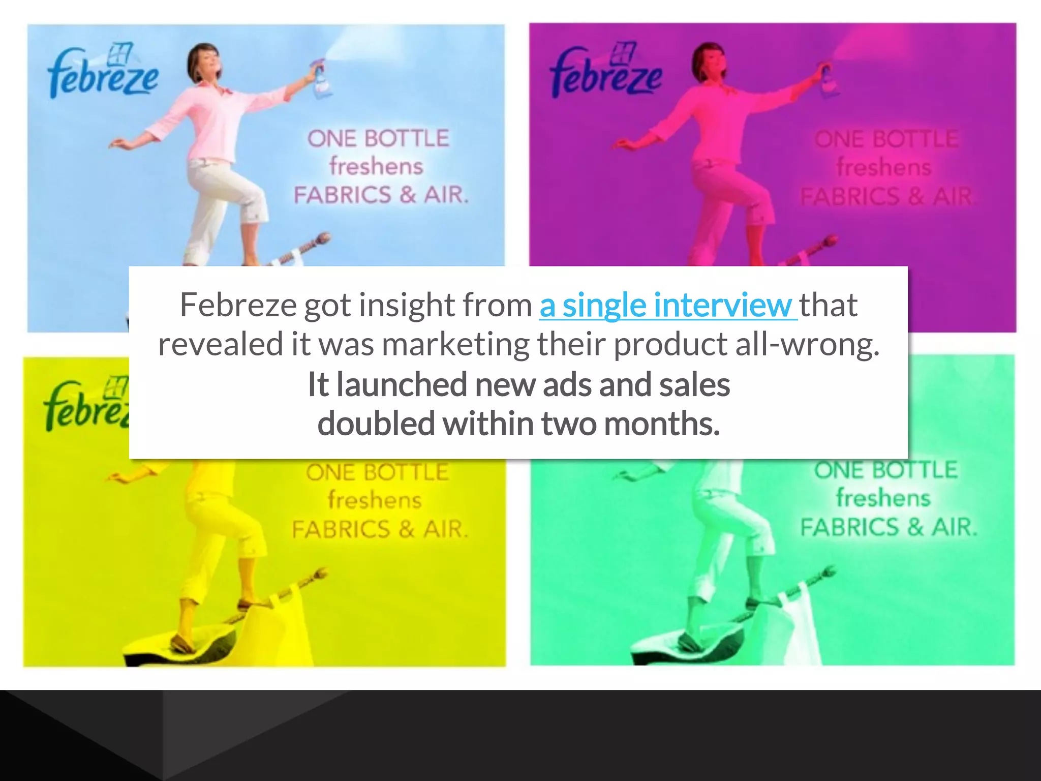 Febreze got insight from a single interview that
revealed it was marketing their product all-wrong.
It launched new ads and sales
doubled within two months.
 