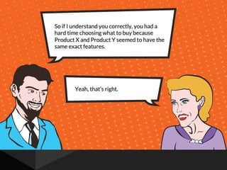 So if I understand you correctly, you had a
hard time choosing what to buy because
Product X and Product Y seemed to have the
same exact features.
Yeah, that’s right.
 