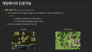 • 명령 계통 구조 (Command Hierarchy)
➢ 각각의 AI에게 상위, 하위 등으로 수준을 나눠 서로 명령을 주거나 받을 수 있도록 하는 구조
▪ Ex.1
✓ 전략만을 구상해 판단하고 지시하는 상위 AI
✓ 지시 받은 명령 내에서 행동을 수행하는 하위 AI
➢ RTS나 각종 시뮬레이션 게임 등에서 주로 사용
StarCraft C&C Red Alert 2
게임에서의 인공지능
 