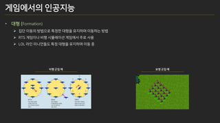 • 대형 (Formation)
➢ 집단 이동의 방법으로 특정한 대형을 유지하며 이동하는 방법
➢ RTS 게임이나 비행 시뮬레이션 게임에서 주로 사용
➢ LOL 라인 미니언들도 특정 대형을 유지하며 이동 중
비행 군집 예 보병 군집 예
게임에서의 인공지능
 