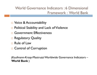 World Governance Indicators : 6 Dimensional
                     Framework : World Bank

  Voice & Accountability
  Political Stability and Lack of Violence
  Government Effectiveness
  Regulatory Quality
  Rule f Law
  R l of L
  Control of Corruption

(Kaufmann-Kraay-Mastruzzi Worldwide Governance Indicators –
World Bank )
 