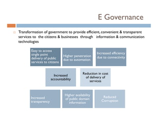 E Governance
Transformation of government to provide efficient, convenient & transparent
services to the citizens & businesses through information & communication
technologies

       Easy to access
       single point
           l                                         Increased efficiency
                              Higher penetration     due to connectivity
       delivery of public     due to automation
       services to citizens


                                            Reduction in cost
                        Increased
                                              of delivery of
                      accountability
                                                 services


                               Higher availability
       Increased                                         Reduced
                               of public domain
       transparency                                     Corruption
                                                        C
                                  information
 