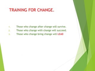 TRAINING FOR CHANGE.
1. Those who change after change will survive.
2. Those who change with change will succeed.
3. Those who change bring change will LEAD
.
 