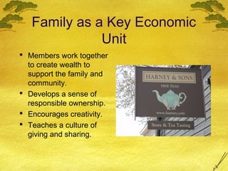 Family as a Key Economic
              Unit
 Members work together
  to create wealth to
  support the family and
  community.
 Develops a sense of
  responsible ownership.
 Encourages creativity.
 Teaches a culture of
  giving and sharing.
 