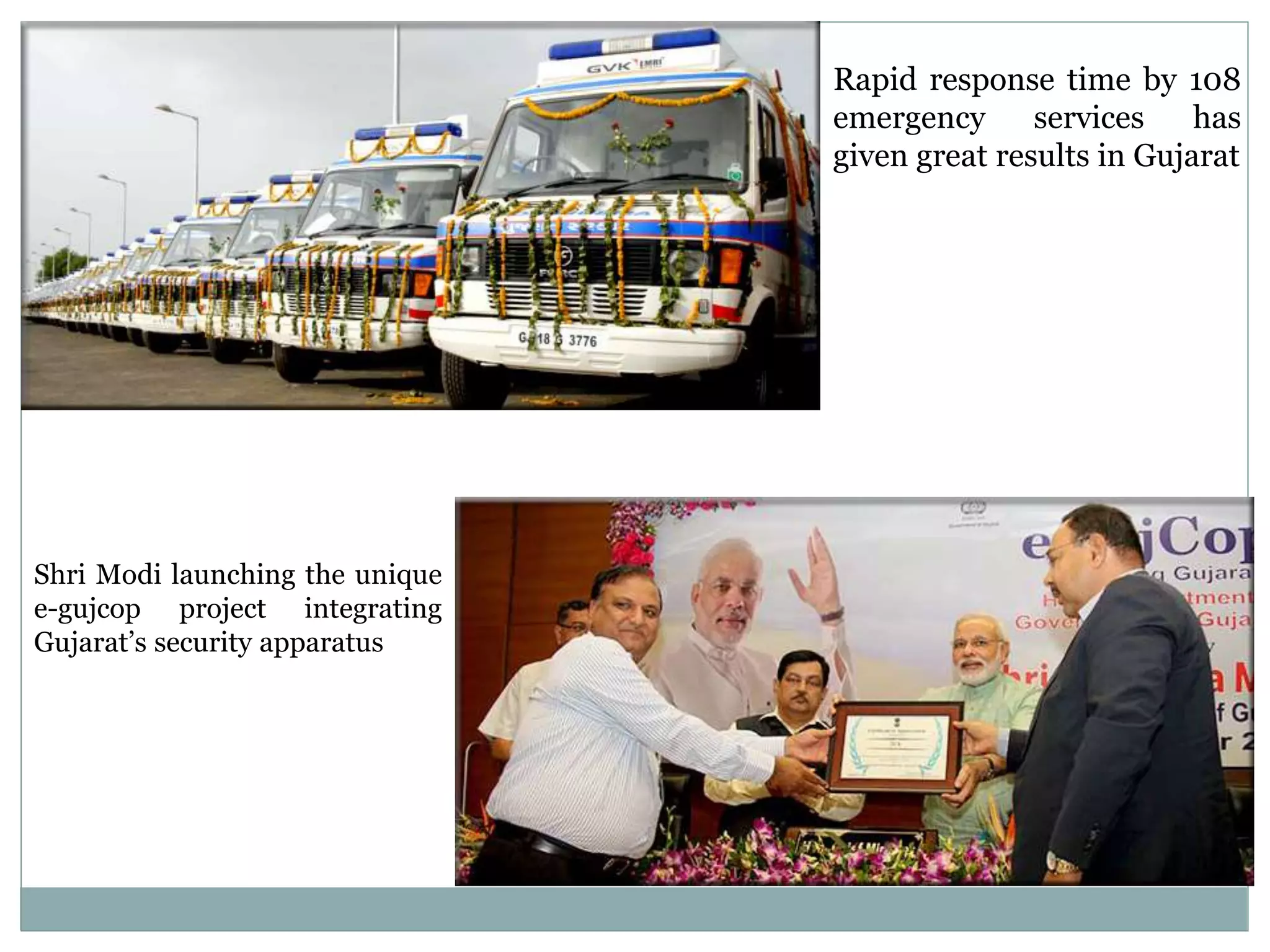 Rapid response time by 108
emergency services has
given great results in Gujarat
Shri Modi launching the unique
e-gujcop project integrating
Gujarat’s security apparatus
 