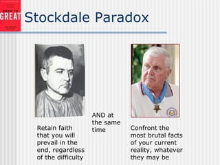 Stockdale Paradox
Retain faith
that you will
prevail in the
end, regardless
of the difficulty
Confront the
most brutal facts
of your current
reality, whatever
they may be
AND at
the same
time
 