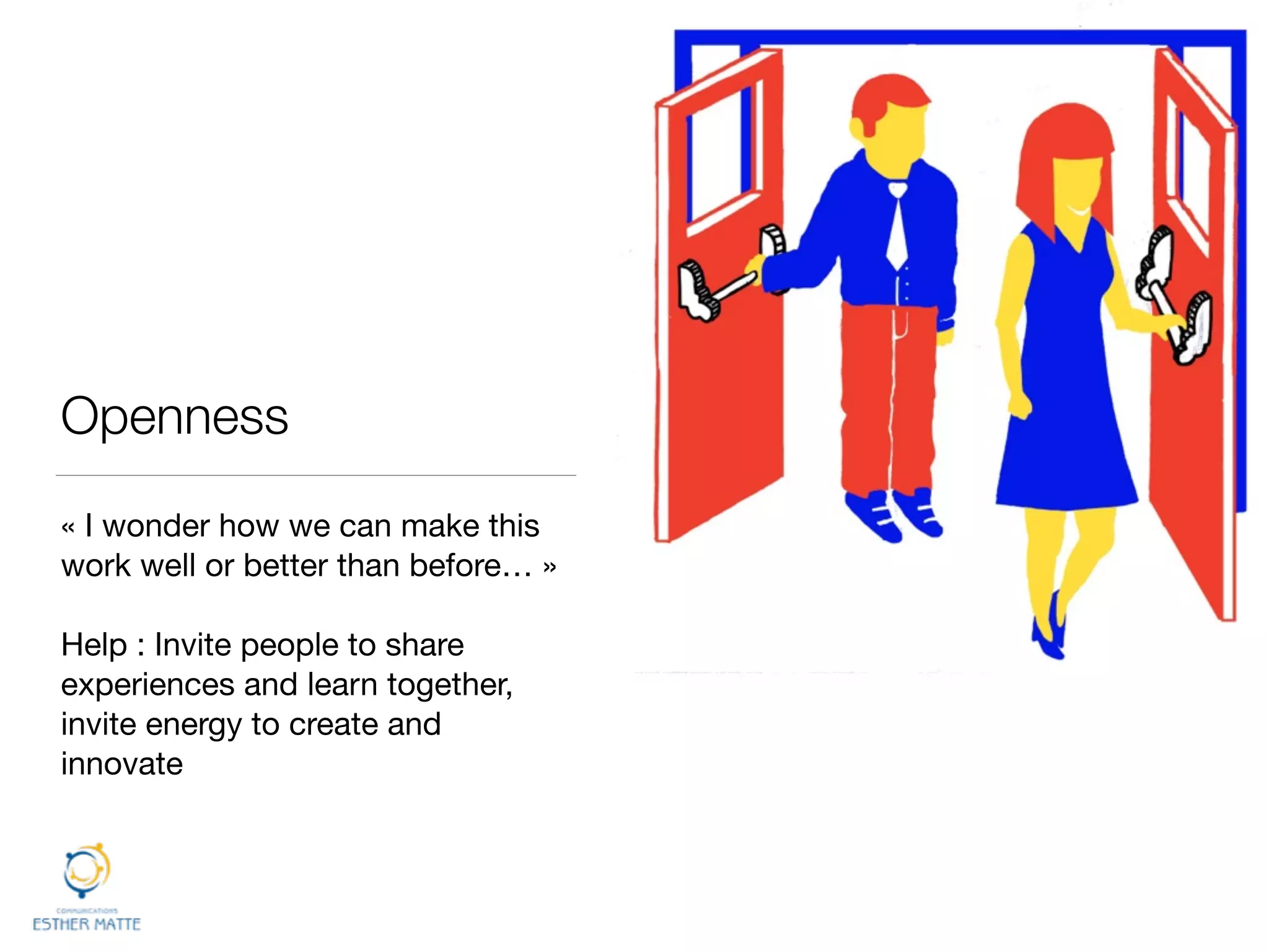 Openness
« I wonder how we can make this
work well or better than before… » 

!
Help : Invite people to share
experiences and learn together,
invite energy to create and
innovate
 