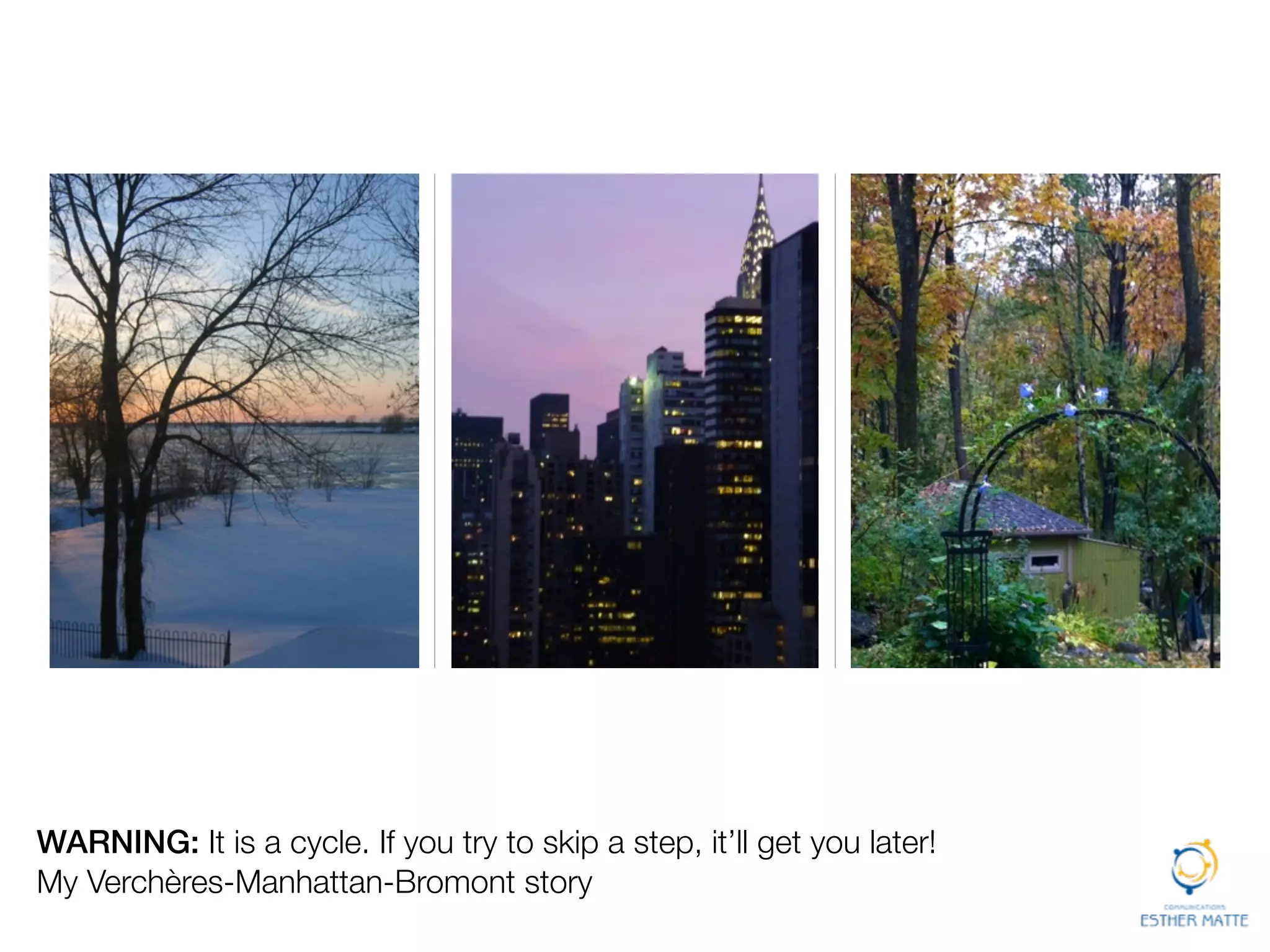 WARNING: It is a cycle. If you try to skip a step, it’ll get you later!
My Verchères-Manhattan-Bromont story
 