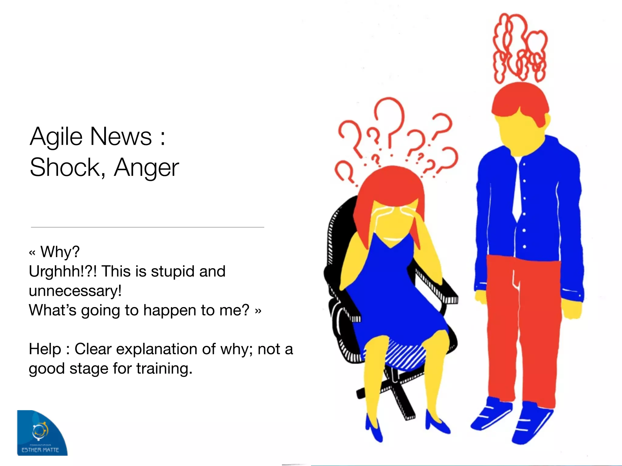 Agile News :  
Shock, Anger
« Why?

Urghhh!?! This is stupid and
unnecessary! 

What’s going to happen to me? »

!
Help : Clear explanation of why; not a
good stage for training.
 