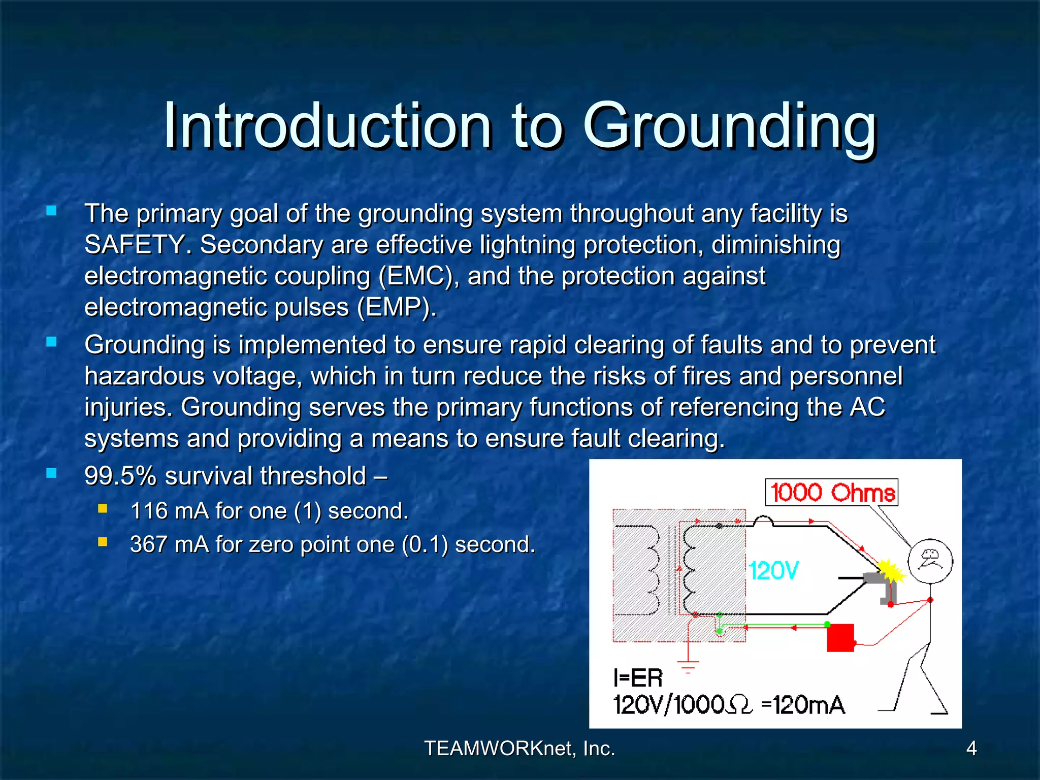 Introduction to Grounding
   The primary goal of the grounding system throughout any facility is
    SAFETY. Secondary are effective lightning protection, diminishing
    electromagnetic coupling (EMC), and the protection against
    electromagnetic pulses (EMP).
   Grounding is implemented to ensure rapid clearing of faults and to prevent
    hazardous voltage, which in turn reduce the risks of fires and personnel
    injuries. Grounding serves the primary functions of referencing the AC
    systems and providing a means to ensure fault clearing.
   99.5% survival threshold –
        116 mA for one (1) second.
        367 mA for zero point one (0.1) second.




                                     TEAMWORKnet, Inc.                           4
 