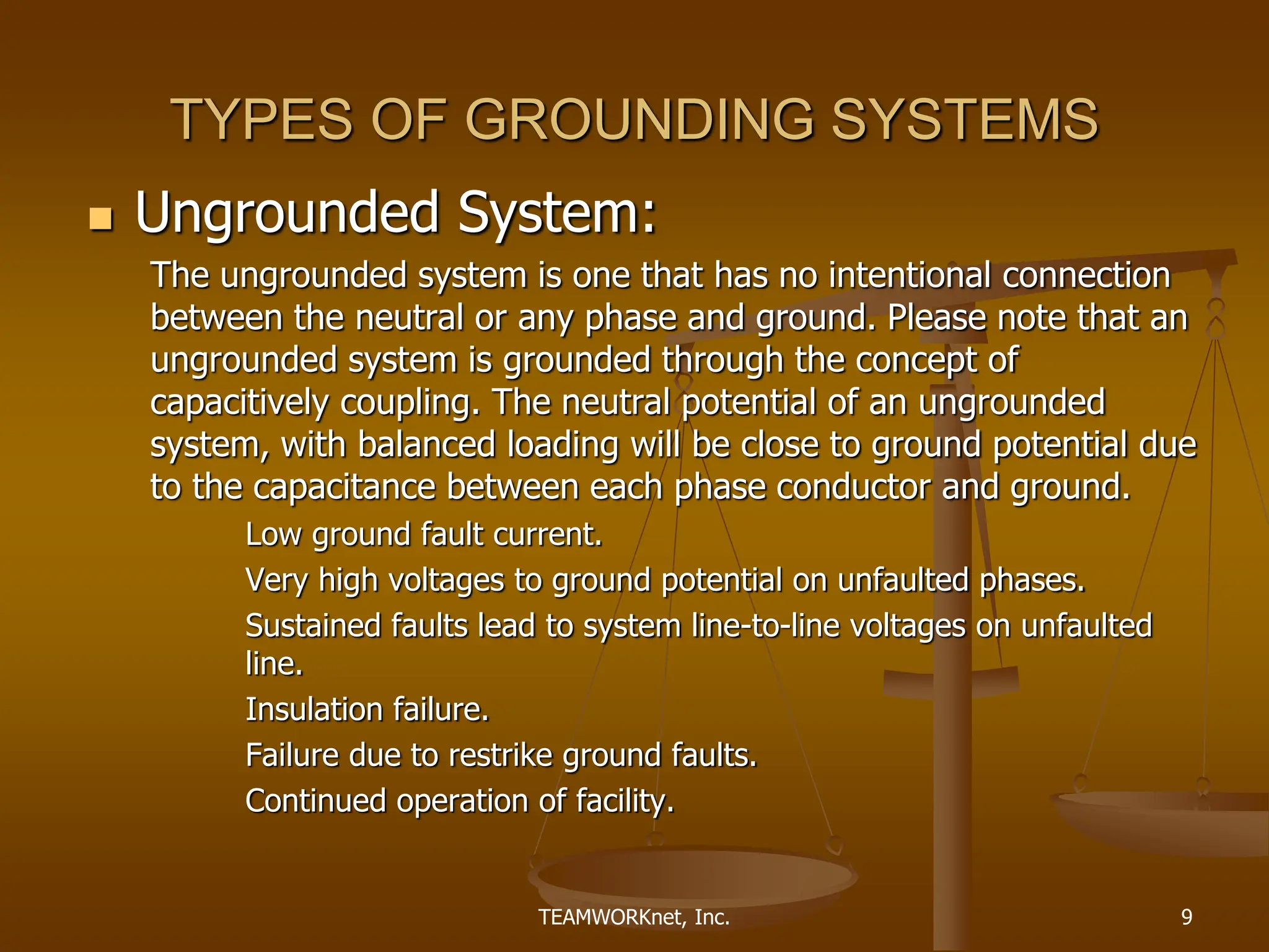 TEAMWORKnet, Inc. 9
TYPES OF GROUNDING SYSTEMS
 Ungrounded System:
The ungrounded system is one that has no intentional connection
between the neutral or any phase and ground. Please note that an
ungrounded system is grounded through the concept of
capacitively coupling. The neutral potential of an ungrounded
system, with balanced loading will be close to ground potential due
to the capacitance between each phase conductor and ground.
Low ground fault current.
Very high voltages to ground potential on unfaulted phases.
Sustained faults lead to system line-to-line voltages on unfaulted
line.
Insulation failure.
Failure due to restrike ground faults.
Continued operation of facility.
 