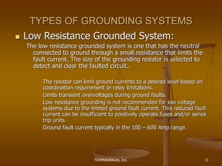 TEAMWORKnet, Inc. 11
TYPES OF GROUNDING SYSTEMS
 Low Resistance Grounded System:
The low resistance grounded system is one that has the neutral
connected to ground through a small resistance that limits the
fault current. The size of the grounding resistor is selected to
detect and clear the faulted circuit..
The resistor can limit ground currents to a desired level based on
coordination requirement or relay limitations.
Limits transient overvoltages during ground faults.
Low resistance grounding is not recommended for low voltage
systems due to the limited ground fault current. This reduced fault
current can be insufficient to positively operate fuses and/or series
trip units.
Ground fault current typically in the 100 – 600 Amp range.
 