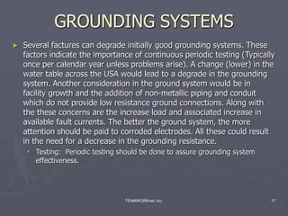 TEAMWORKnet, Inc. 17
GROUNDING SYSTEMS
► Several factures can degrade initially good grounding systems. These
factors indicate the importance of continuous periodic testing (Typically
once per calendar year unless problems arise). A change (lower) in the
water table across the USA would lead to a degrade in the grounding
system. Another consideration in the ground system would be in
facility growth and the addition of non-metallic piping and conduit
which do not provide low resistance ground connections. Along with
the these concerns are the increase load and associated increase in
available fault currents. The better the ground system, the more
attention should be paid to corroded electrodes. All these could result
in the need for a decrease in the grounding resistance.
 Testing: Periodic testing should be done to assure grounding system
effectiveness.
 