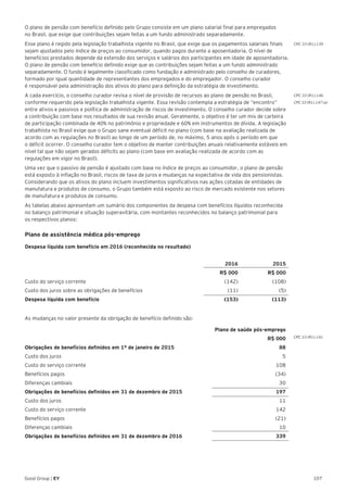 107Good Group | EY
O plano de pensão com benefício definido pelo Grupo consiste em um plano salarial final para empregados
no Brasil, que exige que contribuições sejam feitas a um fundo administrado separadamente.
Esse plano é regido pela legislação trabalhista vigente no Brasil, que exige que os pagamentos salariais finais
sejam ajustados pelo índice de preços ao consumidor, quando pagos durante a aposentadoria. O nível de
benefícios prestados depende da extensão dos serviços e salários dos participantes em idade de aposentadoria.
O plano de pensão com benefício definido exige que as contribuições sejam feitas a um fundo administrado
separadamente. O fundo é legalmente classificado como fundação e administrado pelo conselho de curadores,
formado por igual quantidade de representantes dos empregados e do empregador. O conselho curador
é responsável pela administração dos ativos do plano para definição da estratégia de investimento.
A cada exercício, o conselho curador revisa o nível de provisão de recursos ao plano de pensão no Brasil,
conforme requerido pela legislação trabalhista vigente. Essa revisão contempla a estratégia de “encontro”
entre ativos e passivos e política de administração de riscos de investimento. O conselho curador decide sobre
a contribuição com base nos resultados de sua revisão anual. Geralmente, o objetivo é ter um mix de carteira
de participação combinada de 40% no patrimônio e propriedade e 60% em instrumentos de dívida. A legislação
trabalhista no Brasil exige que o Grupo sane eventual déficit no plano (com base na avaliação realizada de
acordo com as regulações no Brasil) ao longo de um período de, no máximo, 5 anos após o período em que
o déficit ocorrer. O conselho curador tem o objetivo de manter contribuições anuais relativamente estáveis em
nível tal que não sejam gerados déficits ao plano (com base em avaliação realizada de acordo com as
regulações em vigor no Brasil).
Uma vez que o passivo de pensão é ajustado com base no índice de preços ao consumidor, o plano de pensão
está exposto à inflação no Brasil, riscos de taxa de juros e mudanças na expectativa de vida dos pensionistas.
Considerando que os ativos do plano incluem investimentos significativos nas ações cotadas de entidades de
manufatura e produtos de consumo, o Grupo também está exposto ao risco de mercado existente nos setores
de manufatura e produtos de consumo.
As tabelas abaixo apresentam um sumário dos componentes da despesa com benefícios líquidos reconhecida
no balanço patrimonial e situação superavitária, com montantes reconhecidos no balanço patrimonial para
os respectivos planos:
Plano de assistência médica pós-emprego
Despesa líquida com benefício em 2016 (reconhecida no resultado)
2016 2015
R$ 000 R$ 000
Custo do serviço corrente (142) (108)
Custo dos juros sobre as obrigações de benefícios (11) (5)
Despesa líquida com benefício (153) (113)
As mudanças no valor presente da obrigação de benefício definido são:
Plano de saúde pós-emprego
R$ 000
Obrigações de benefícios definidos em 1º de janeiro de 2015 88
Custo dos juros 5
Custo do serviço corrente 108
Benefícios pagos (34)
Diferenças cambiais 30
Obrigações de benefícios definidos em 31 de dezembro de 2015 197
Custo dos juros 11
Custo do serviço corrente 142
Benefícios pagos (21)
Diferenças cambiais 10
Obrigações de benefícios definidos em 31 de dezembro de 2016 339
CPC 33 (R1).139
CPC 33 (R1).146
CPC 33 (R1).147 (a)
CPC 33 (R1).141
 