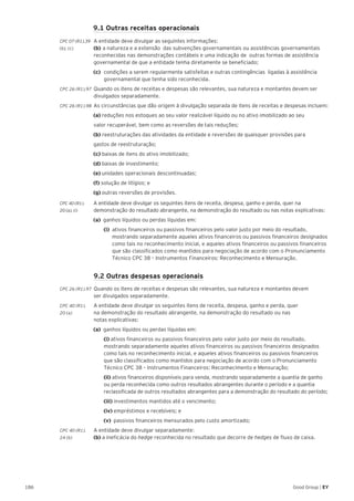 186 Good Group | EY
9.1 Outras receitas operacionais
CPC 07 (R1).39 	 A entidade deve divulgar as seguintes informações:
(b), (c) 	 (b)	a natureza e a extensão das subvenções governamentais ou assistências governamentais
reconhecidas nas demonstrações contábeis e uma indicação de outras formas de assistência
governamental de que a entidade tenha diretamente se beneficiado;
(c)	 condições a serem regularmente satisfeitas e outras contingências ligadas à assistência
governamental que tenha sido reconhecida.
CPC 26 (R1).97 	Quando os itens de receitas e despesas são relevantes, sua natureza e montantes devem ser
divulgados separadamente.
CPC 26 (R1).98 	As circunstâncias que dão origem à divulgação separada de itens de receitas e despesas incluem:
(a) reduções nos estoques ao seu valor realizável líquido ou no ativo imobilizado ao seu
valor recuperável, bem como as reversões de tais reduções;
(b) reestruturações das atividades da entidade e reversões de quaisquer provisões para
gastos de reestruturação;
(c) baixas de itens do ativo imobilizado;
(d) baixas de investimento;
(e) unidades operacionais descontinuadas;
(f) solução de litígios; e
(g) outras reversões de provisões.
CPC 40 (R1). A entidade deve divulgar os seguintes itens de receita, despesa, ganho e perda, quer na
20 (a), (i) 	 demonstração do resultado abrangente, na demonstração do resultado ou nas notas explicativas:
(a) ganhos líquidos ou perdas líquidas em:
	(i) ativos financeiros ou passivos financeiros pelo valor justo por meio do resultado, 		
	 mostrando separadamente aqueles ativos financeiros ou passivos financeiros designados 	
	 como tais no reconhecimento inicial, e aqueles ativos financeiros ou passivos financeiros 	
	 que são classificados como mantidos para negociação de acordo com o Pronunciamento 	
	 Técnico CPC 38 – Instrumentos Financeiros: Reconhecimento e Mensuração.
	 9.2 Outras despesas operacionais
CPC 26 (R1).97 	Quando os itens de receitas e despesas são relevantes, sua natureza e montantes devem
ser divulgados separadamente.
CPC 40 (R1).	 A entidade deve divulgar os seguintes itens de receita, despesa, ganho e perda, quer
20 (a)	 na demonstração do resultado abrangente, na demonstração do resultado ou nas
notas explicativas:
(a) ganhos líquidos ou perdas líquidas em:
	 (i) ativos financeiros ou passivos financeiros pelo valor justo por meio do resultado,
mostrando separadamente aqueles ativos financeiros ou passivos financeiros designados
como tais no reconhecimento inicial, e aqueles ativos financeiros ou passivos financeiros
que são classificados como mantidos para negociação de acordo com o Pronunciamento
Técnico CPC 38 – Instrumentos Financeiros: Reconhecimento e Mensuração;
	(ii) ativos financeiros disponíveis para venda, mostrando separadamente a quantia de ganho
ou perda reconhecida como outros resultados abrangentes durante o período e a quantia
reclassificada de outros resultados abrangentes para a demonstração do resultado do período;
	 (iii) investimentos mantidos até o vencimento;
	 (iv) empréstimos e recebíveis; e
	 (v) passivos financeiros mensurados pelo custo amortizado;
CPC 40 (R1).	 A entidade deve divulgar separadamente:
24 (b)	 (b) a ineficácia do hedge reconhecida no resultado que decorre de hedges de fluxo de caixa.	
 
