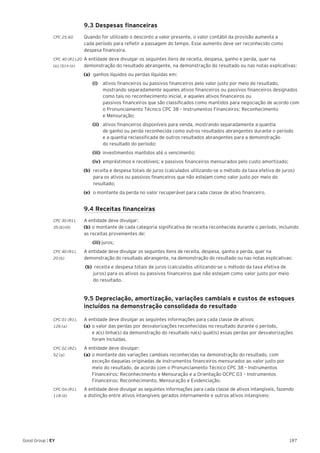 187Good Group | EY
	 9.3 Despesas financeiras
CPC 25.60	 Quando for utilizado o desconto a valor presente, o valor contábil da provisão aumenta a
cada período para refletir a passagem do tempo. Esse aumento deve ser reconhecido como
despesa financeira.
CPC 40 (R1).20 	A entidade deve divulgar os seguintes itens de receita, despesa, ganho e perda, quer na
(a), (b) e (e) 	 demonstração do resultado abrangente, na demonstração do resultado ou nas notas explicativas:
(a)	 ganhos líquidos ou perdas líquidas em:
		(i) 		 ativos financeiros ou passivos financeiros pelo valor justo por meio do resultado,
mostrando separadamente aqueles ativos financeiros ou passivos financeiros designados
como tais no reconhecimento inicial, e aqueles ativos financeiros ou
passivos financeiros que são classificados como mantidos para negociação de acordo com
o Pronunciamento Técnico CPC 38 – Instrumentos Financeiros: Reconhecimento
e Mensuração;
		(ii) 	 ativos financeiros disponíveis para venda, mostrando separadamente a quantia
de ganho ou perda reconhecida como outros resultados abrangentes durante o período
e a quantia reclassificada de outros resultados abrangentes para a demonstração
do resultado do período;
		(iii) 	investimentos mantidos até o vencimento;
		(iv) 	empréstimos e recebíveis; e passivos financeiros mensurados pelo custo amortizado;
(b)	 receita e despesa totais de juros (calculados utilizando-se o método da taxa efetiva de juros)
para os ativos ou passivos financeiros que não estejam como valor justo por meio do
resultado;
(e)	 o montante da perda no valor recuperável para cada classe de ativo financeiro.
	 9.4 Receitas financeiras
CPC 30 (R1).	 A entidade deve divulgar:
35 (b) (iii)	 (b) 	o montante de cada categoria significativa de receita reconhecida durante o período, incluindo
as receitas provenientes de:
		(iii) juros;
CPC 40 (R1).	 A entidade deve divulgar os seguintes itens de receita, despesa, ganho e perda, quer na
20 (b)	 demonstração do resultado abrangente, na demonstração do resultado ou nas notas explicativas:
(b) receita e despesa totais de juros (calculados utilizando-se o método da taxa efetiva de
juros) para os ativos ou passivos financeiros que não estejam como valor justo por meio
do resultado.
	 9.5 Depreciação, amortização, variações cambiais e custos de estoques
incluídos na demonstração consolidada do resultado
CPC 01 (R1).	 A entidade deve divulgar as seguintes informações para cada classe de ativos:
126 (a)	 (a) 	o valor das perdas por desvalorizações reconhecidas no resultado durante o período,
	 e a(s) linha(s) da demonstração do resultado na(s) qual(is) essas perdas por desvalorizações 	
	 foram incluídas.
CPC 02 (R2).	 A entidade deve divulgar:
52 (a) 	 (a)	o montante das variações cambiais reconhecidas na demonstração do resultado, com 		
	exceção daquelas originadas de instrumentos financeiros mensurados ao valor justo por 	
	 meio do resultado, de acordo com o Pronunciamento Técnico CPC 38 – Instrumentos 		
	 Financeiros: Reconhecimento e Mensuração e a Orientação OCPC 03 – Instrumentos 		
	 Financeiros: Reconhecimento, Mensuração e Evidenciação.
CPC 04 (R1).	 A entidade deve divulgar as seguintes informações para cada classe de ativos intangíveis, fazendo
118 (d) 	 a distinção entre ativos intangíveis gerados internamente e outros ativos intangíveis:
 