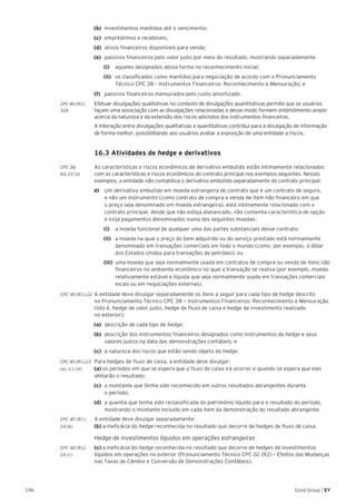 196 Good Group | EY
(b)	 investimentos mantidos até o vencimento;
(c)	 empréstimos e recebíveis;
(d)	 ativos financeiros disponíveis para venda;
(e) 	passivos financeiros pelo valor justo por meio do resultado, mostrando separadamente
		(i)		 aqueles designados dessa forma no reconhecimento inicial;
		(ii)		 os classificados como mantidos para negociação de acordo com o Pronunciamento
Técnico CPC 38 – Instrumentos Financeiros: Reconhecimento e Mensuração; e
(f)	 passivos financeiros mensurados pelo custo amortizado.
CPC 40 (R1).	 Efetuar divulgações qualitativas no contexto de divulgações quantitativas permite que os usuários
32A 	 façam uma associação com as divulgações relacionadas e desse modo formem entendimento amplo
acerca da natureza e da extensão dos riscos advindos dos instrumentos financeiros.
	 A interação entre divulgações qualitativas e quantitativas contribui para a divulgação de informação
de forma melhor, possibilitando aos usuários avaliar a exposição de uma entidade a riscos.
	 16.3 Atividades de hedge e derivativos
CPC 38.	 As características e riscos econômicos de derivativo embutido estão intimamente relacionados
AG.33 (d) 	 com as características e riscos econômicos do contrato principal nos exemplos seguintes. Nesses
exemplos, a entidade não contabiliza o derivativo embutido separadamente do contrato principal:
d) 	 Um derivativo embutido em moeda estrangeira de contrato que é um contrato de seguro,
e não um instrumento (como contrato de compra e venda de item não financeiro em que
o preço seja denominado em moeda estrangeira), está intimamente relacionado com o
contrato principal, desde que não esteja alavancado, não contenha característica de opção
e exija pagamentos denominados numa das seguintes moedas:
		(i)		 a moeda funcional de qualquer uma das partes substanciais desse contrato;
		(ii)		 a moeda na qual o preço do bem adquirido ou do serviço prestado está normalmente
denominado em transações comerciais em todo o mundo (como, por exemplo, o dólar
dos Estados Unidos para transações de petróleo); ou
		(iii)	 uma moeda que seja normalmente usada em contratos de compra ou venda de itens não
financeiros no ambiente econômico no qual a transação se realiza (por exemplo, moeda
relativamente estável e líquida que seja normalmente usada em transações comerciais
locais ou em negociações externas).
CPC 40 (R1).22 	A entidade deve divulgar separadamente os itens a seguir para cada tipo de hedge descrito
no Pronunciamento Técnico CPC 38 — Instrumentos Financeiros: Reconhecimento e Mensuração
(isto é, hedge de valor justo, hedge de fluxo de caixa e hedge de investimento realizado
no exterior):
(a)	 descrição de cada tipo de hedge;
(b)	 descrição dos instrumentos financeiros designados como instrumentos de hedge e seus
valores justos na data das demonstrações contábeis; e
(c)	 a natureza dos riscos que estão sendo objeto do hedge.
CPC 40 (R1).23 	 Para hedges de fluxo de caixa, a entidade deve divulgar:
(a), (c), (d) 	 (a) os períodos em que se espera que o fluxo de caixa irá ocorrer e quando se espera que eles
afetarão o resultado;
(c)	 o montante que tenha sido reconhecido em outros resultados abrangentes durante
o período;
(d)	 a quantia que tenha sido reclassificada do patrimônio líquido para o resultado do período,
mostrando o montante incluído em cada item da demonstração do resultado abrangente.
CPC 40 (R1).	 A entidade deve divulgar separadamente:
24 (b) 	 (b) a ineficácia do hedge reconhecida no resultado que decorre de hedges de fluxo de caixa.
	 Hedge de investimentos líquidos em operações estrangeiras
CPC 40 (R1).	 (c) a ineficácia do hedge reconhecida no resultado que decorre de hedges de investimentos
24 (c) 	 líquidos em operações no exterior (Pronunciamento Técnico CPC 02 (R2) – Efeitos das Mudanças 	
nas Taxas de Câmbio e Conversão de Demonstrações Contábeis).
 
