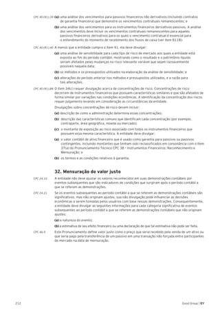 212 Good Group | EY
CPC 40 (R1).39	(a) 	uma análise dos vencimentos para passivos financeiros não derivativos (incluindo contratos
	 de garantia financeira) que demonstre os vencimentos contratuais remanescentes; e
	 (b) 	uma análise dos vencimentos para os instrumentos financeiros derivativos passivos. A análise 	
	 dos vencimentos deve incluir os vencimentos contratuais remanescentes para aqueles 		
	 passivos financeiros derivativos para os quais o vencimento contratual é essencial para
	 o entendimento do momento de recebimento dos fluxos de caixa (ver item B11B).
CPC 40 (R1).40 	A menos que a entidade cumpra o item 41, ela deve divulgar:
	(a) 	uma análise de sensibilidade para cada tipo de risco de mercado aos quais a entidade está 	
	 exposta ao fim do período contábil, mostrando como o resultado e o patrimônio líquido 		
	 seriam afetados pelas mudanças no risco relevante variável que sejam razoavelmente 		
	 possíveis naquela data;
	(b) 	os métodos e os pressupostos utilizados na elaboração da análise de sensibilidade; e
	(c) 	alterações do período anterior nos métodos e pressupostos utilizados, e a razão para
	 tais alterações.
CPC 40 (R1).B8 	O item 34(c) requer divulgação acerca de concentrações de risco. Concentrações de risco
decorrem de instrumentos financeiros que possuem características similares e que são afetados de
forma similar por variações nas condições econômicas. A identificação da concentração dos riscos
requer julgamento levando em consideração as circunstâncias da entidade.
	 Divulgações sobre concentrações de risco devem incluir:
	 (a) 	descrição de como a administração determina essas concentrações;
(b) 	descrição das características comuns que identificam cada concentração (por exemplo,
contraparte, área geográfica, moeda ou mercado);
(c) 	o montante de exposição ao risco associado com todos os instrumentos financeiros que
possuem essa mesma característica. A entidade deve divulgar:
(a) 	o valor contábil de ativo financeiro que é usado como garantia para passivos ou passivos
contingentes, incluindo montantes que tenham sido reclassificados em consonância com o item
37(a) do Pronunciamento Técnico CPC 38 – Instrumentos Financeiros: Reconhecimento e
Mensuração; e
(b)	 os termos e as condições relativos à garantia.
32. Mensuração do valor justo
CPC 24.10 	 A entidade não deve ajustar os valores reconhecidos em suas demonstrações contábeis por
eventos subsequentes que são indicadores de condições que surgiram após o período contábil a
que se referem as demonstrações.
CPC 24.21 	 Se os eventos subsequentes ao período contábil a que se referem as demonstrações contábeis são
significativos, mas não originam ajustes, sua não divulgação pode influenciar as decisões
econômicas a serem tomadas pelos usuários com base nessas demonstrações. Consequentemente,
a entidade deve divulgar as seguintes informações para cada categoria significativa de eventos
subsequentes ao período contábil a que se referem as demonstrações contábeis que não originam
ajustes:
	(a) a natureza do evento;
	 (b) a estimativa de seu efeito financeiro ou uma declaração de que tal estimativa não pode ser feita.
CPC 46.9 	 Este Pronunciamento define valor justo como o preço que seria recebido pela venda de um ativo ou
que seria pago pela transferência de um passivo em uma transação não forçada entre participantes
do mercado na data de mensuração.
 