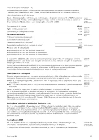CPC 15 (R1).
B64 (f) (iv)
CPC 15 (R1).
B64 (f) (iii)
CPC 03 (R2).
40 (a)
CPC 15
(R1).B64 (q) (i)
CPC 15
(R1).B64 (q) (ii)
CPC 15 (R1).
B64 (f) (iv)
CPC 03 (R2).40 (c)
CPC 15 (R1).
B64 (g) (ii)
CPC 46.93 (h) (ii)
CPC 15 (R1).B64 (g) (i)
CPC 15 (R1).
B64 (g) (iii)
CPC 15 (R1).
58 (b) (i)
CPC 15 (R1).
B64 (m)
65Good Group | EY
•	Taxa de desconto estimada em 14%;
•	Valor terminal projetado para o final do período, calculado com base na taxa de crescimento sustentável
de longo prazo para a indústria entre 2% e 4%, utilizada para determinar a receita para exercícios futuros;
•	Um reinvestimento de 60% dos lucros.
Desde a data da aquisição, a Extintores Ltda. contribuiu para o Grupo com receitas de R$ 17.857 e lucro antes
dos impostos de R$ 750. Se a combinação de negócios tivesse ocorrido no início do exercício, as receitas do
Grupo totalizariam R$ 222.582, e o lucro das operações seria de R$ 12.285.
Contraprestação de compra	 R$ 000
Ações emitidas, ao valor justo	 7.203
Contraprestação contingente assumida 	 714
Total da contraprestação 	 7.917
Análise do fluxo de caixa da aquisição	
Custos da transação da aquisição1	(600)
Caixa líquido adquirido da controlada2	230
Custos da transação atribuíveis à emissão de ações3	(32)
Fluxo de saída de caixa, líquido 	 (402)
1 incluído no fluxo de caixa das atividades operacionais
2 incluído no fluxo de caixa das atividades de investimento
3 incluído no fluxo de caixa das atividades de financiamento
O Grupo emitiu 2.500.000 ações ordinárias como contraprestação (pagamento) pela participação acionária
de 80% na Extintores Ltda. O valor justo das ações corresponde ao preço publicado das ações do Grupo na data
da aquisição e totaliza R$ 7.203.
Custos relacionados à aquisição de R$ 600 foram reconhecidos na demonstração do resultado como despesas
administrativas. Custos relativos à emissão de ações no valor de R$ 32 como contraprestação foram
reconhecidos diretamente no patrimônio líquido, como “ajuste de avaliação patrimonial”.
Contraprestação contingente
Como parte do contrato de compra com o ex-proprietário da Extintores Ltda., foi acordada uma contraprestação
contingente. Os pagamentos adicionais para o ex-proprietário serão feitos da seguinte forma:
a)	R$ 675, se a Companhia gerar R$ 1.000 de lucros antes de impostos durante os 12 primeiros meses após
a aquisição; ou
b)	R$ 1.125, se a Companhia gerar R$ 1.500 de lucros antes de impostos durante os 12 primeiros meses após
a aquisição.
Na data da aquisição, o valor justo da contraprestação contingente foi estimado em R$ 714.
Em 31 de dezembro de 2015, os principais indicadores de performance da Extintores Ltda. mostravam
claramente que a meta (a) será atingida e a realização da meta (b) é provável devido à expansão significativa
do negócio e às sinergias implementadas. Dessa forma, o valor justo da contraprestação contingente em
31 de dezembro de 2016 aumentou em R$ 358, para R$ 1.072, sendo esse aumento registrado diretamente
no resultado como despesas administrativas.
Aquisição de participação adicional na Iluminação Ltda.
Em 1º de outubro de 2016, o Grupo adquiriu mais 7,4% das ações ordinárias da Iluminação Ltda., elevando sua
participação acionária para 87,4%. A contraprestação de R$ 325 foi paga aos acionistas não controladores.
O valor contábil dos ativos líquidos (excluindo ágio na aquisição original) na referida data era de R$ 1.824, e o
valor contábil da participação adicional adquirida era de R$ 135. A diferença de R$ 190 entre a contraprestação
e o valor contábil da participação adicional adquirida foi reconhecida diretamente em lucros acumulados no
patrimônio líquido.
Aquisições em 2015
Em 1º de dezembro de 2015, o Grupo adquiriu 80% das ações com direito a voto da Iluminação Ltda.,
uma empresa sediada no Brasil, especializada na produção e distribuição de lâmpadas.
O valor justo dos ativos e passivos identificáveis da Iluminação Ltda. na data da aquisição é apresentado
CPC 15 (R1).59
CPC 15 (R1).B64
(a), (b), (c), (d) e (o)
 