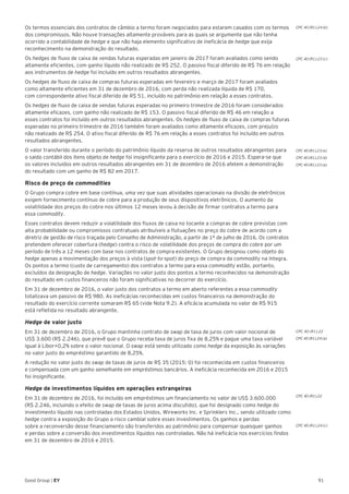 91Good Group | EY
Os termos essenciais dos contratos de câmbio a termo foram negociados para estarem casados com os termos
dos compromissos. Não houve transações altamente prováveis para as quais se argumente que não tenha
ocorrido a contabilidade de hedge e que não haja elemento significativo de ineficácia de hedge que exija
reconhecimento na demonstração do resultado.
Os hedges de fluxo de caixa de vendas futuras esperadas em janeiro de 2017 foram avaliados como sendo
altamente eficientes, com ganho líquido não realizado de R$ 252. O passivo fiscal diferido de R$ 76 em relação
aos instrumentos de hedge foi incluído em outros resultados abrangentes.
Os hedges de fluxo de caixa de compras futuras esperadas em fevereiro e março de 2017 foram avaliados
como altamente eficientes em 31 de dezembro de 2016, com perda não realizada líquida de R$ 170,
com correspondente ativo fiscal diferido de R$ 51, incluído no patrimônio em relação a esses contratos.
Os hedges de fluxo de caixa de vendas futuras esperadas no primeiro trimestre de 2016 foram considerados
altamente eficazes, com ganho não realizado de R$ 153. O passivo fiscal diferido de R$ 46 em relação a
esses contratos foi incluído em outros resultados abrangentes. Os hedges de fluxo de caixa de compras futuras
esperadas no primeiro trimestre de 2016 também foram avaliados como altamente eficazes, com prejuízo
não realizado de R$ 254. O ativo fiscal diferido de R$ 76 em relação a esses contratos foi incluído em outros
resultados abrangentes.
O valor transferido durante o período do patrimônio líquido da reserva de outros resultados abrangentes para
o saldo contábil dos itens objeto de hedge foi insignificante para o exercício de 2016 e 2015. Espera-se que
os valores incluídos em outros resultados abrangentes em 31 de dezembro de 2016 afetem a demonstração
do resultado com um ganho de R$ 82 em 2017.
Risco de preço de commodities
O Grupo compra cobre em base contínua, uma vez que suas atividades operacionais na divisão de eletrônicos
exigem fornecimento contínuo de cobre para a produção de seus dispositivos eletrônicos. O aumento da
volatilidade dos preços do cobre nos últimos 12 meses levou à decisão de firmar contratos a termo para
essa commodity.
Esses contratos devem reduzir a volatilidade dos fluxos de caixa no tocante a compras de cobre previstas com
alta probabilidade ou compromissos contratuais atribuíveis a flutuações no preço do cobre de acordo com a
diretriz de gestão de risco traçada pelo Conselho de Administração, a partir de 1º de julho de 2016. Os contratos
pretendem oferecer cobertura (hedge) contra o risco de volatilidade dos preços de compra do cobre por um
período de três a 12 meses com base nos contratos de compra existentes. O Grupo designou como objeto do
hedge apenas a movimentação dos preços à vista (spot-to-spot) do preço de compra da commodity na íntegra.
Os pontos a termo (custo de carregamento) dos contratos a termo para essa commodity estão, portanto,
excluídos da designação de hedge. Variações no valor justo dos pontos a termo reconhecidos na demonstração
do resultado em custos financeiros não foram significativas no decorrer do exercício.
Em 31 de dezembro de 2016, o valor justo dos contratos a termo em aberto referentes a essa commodity
totalizava um passivo de R$ 980. As ineficácias reconhecidas em custos financeiros na demonstração do
resultado do exercício corrente somaram R$ 65 (vide Nota 9.2). A eficácia acumulada no valor de R$ 915
está refletida no resultado abrangente.
Hedge de valor justo
Em 31 de dezembro de 2016, o Grupo mantinha contrato de swap de taxa de juros com valor nocional de
US$ 3.600 (R$ 2.246), que prevê que o Grupo receba taxa de juros fixa de 8,25% e pague uma taxa variável
igual à Libor+0,2% sobre o valor nocional. O swap está sendo utilizado como hedge da exposição às variações
no valor justo do empréstimo garantido de 8,25%.
A redução no valor justo do swap de taxas de juros de R$ 35 (2015: 0) foi reconhecida em custos financeiros
e compensada com um ganho semelhante em empréstimos bancários. A ineficácia reconhecida em 2016 e 2015
foi insignificante.
Hedge de investimentos líquidos em operações estrangeiras
Em 31 de dezembro de 2016, foi incluído em empréstimos um financiamento no valor de US$ 3.600.000
(R$ 2.246, incluindo o efeito de swap de taxas de juros acima discutido), que foi designado como hedge do
investimento líquido nas controladas dos Estados Unidos, Wireworks Inc. e Sprinklers Inc., sendo utilizado como
hedge contra a exposição do Grupo a risco cambial sobre esses investimentos. Os ganhos e perdas
sobre a reconversão desse financiamento são transferidos ao patrimônio para compensar quaisquer ganhos
e perdas sobre a conversão dos investimentos líquidos nas controladas. Não há ineficácia nos exercícios findos
em 31 de dezembro de 2016 e 2015.
CPC 40 (R1).22
CPC 40 (R1).24 (a)
CPC 40 (R1).24 (c)
CPC 40 (R1).24 (b)
CPC 40 (R1).23 (c)
CPC 40 (R1).23 (e)
CPC 40 (R1).23 (d)
CPC 40 (R1).23 (a)
CPC 40 (R1).22
 