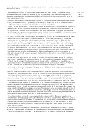 93Good Group | EY
* Inclui empréstimo garantido a 8,25% apresentado ao custo amortizado à variação no valor justo tendo em vista o hedge
de risco de taxa de juros.
A administração avaliou que os depósitos em dinheiro e de curto prazo, contas a receber de clientes,
contas a pagar a fornecedores, contas bancárias com direito a saque a descoberto e demais passivos
circulantes são equivalentes a seus valores contábeis, principalmente devido aos vencimentos de curto
prazo desses instrumentos.
O valor justo dos ativos e passivos financeiros é incluído no valor pelo qual o instrumento poderia ser trocado
em uma transação corrente entre partes dispostas a negociar, e não em uma venda ou liquidação forçada.
Os seguintes métodos e premissas foram utilizados para estimar o valor justo:
•	Valores a receber a longo prazo a taxas pré e pós-fixadas são avaliados pelo Grupo com base em parâmetros
tais como taxas de juros, fatores de riscos específicos de cada país, credibilidade individual do cliente e as
características de risco do projeto financiado. Com base nessa avaliação, são constituídas provisões para
fazer face a perdas esperadas nesses valores a receber. Em 31 de dezembro de 2016, o valor contábil desses
valores a receber, líquido das provisões, se aproxima de seu valor justo;
•	Os valores justos das notas e títulos cotados são baseados nas cotações de preço na data de reporte. O valor
justo de instrumentos não cotados, empréstimos bancários e demais passivos financeiros, obrigações
relacionadas com arrendamentos financeiros, bem como outros passivos financeiros não circulantes, é
estimado descontando-se o fluxo de caixa futuro utilizando taxas atualmente disponíveis para dívida em
termos semelhantes, risco de crédito e vencimentos remanescentes. Além de ser sensível a uma mudança
razoavelmente possível no fluxo de caixa previsto ou na taxa de desconto, o valor justo dos instrumentos
patrimoniais também é sensível a uma mudança razoavelmente possível nas taxas de crescimento. A
avaliação exige que a administração utilize inputs não observáveis no modelo, cujos inputs significativos não
observáveis são apresentados nas tabelas abaixo. A administração avalia regularmente uma série de
alternativas razoavelmente possíveis aos inputs significativos não observáveis e determina o impacto sobre o
valor justo total;
•	O valor justo das ações ordinárias não cotadas foi estimado utilizando um modelo de fluxo de caixa futuro
descontado. A avaliação exige que a administração faça determinadas premissas sobre dados do modelo,
incluindo fluxo de caixa previsto, taxa de desconto, risco de crédito e volatilidade. As probabilidades
das várias estimativas dentro dessa faixa podem ser razoavelmente avaliadas e são utilizadas no momento
em que a administração estima o valor justo desses instrumentos patrimoniais não cotados;
•	O valor justo de ativos financeiros disponíveis para venda é obtido através de preços de mercado cotados
em mercados ativos, se houver;
•	O Grupo contrata instrumentos financeiros derivativos junto a diversas contrapartes, sobretudo instituições
financeiras com classificações de crédito de grau de investimento. Os derivativos avaliados utilizando técnicas
de avaliação com dados observáveis no mercado referem-se, principalmente, a swaps de taxas de juros,
contratos cambiais a termo e contratos de commodities a termo. As técnicas de avaliação aplicadas com maior
frequência incluem modelos de precificação de contratos a termo e swaps, com cálculos a valor presente.
Os modelos incorporam diversos dados, inclusive a qualidade de crédito das contrapartes, as taxas de câmbio
à vista e a termo, curvas das taxas de juros e curvas da taxa a termo da commodity objeto. Todos os contratos
de derivativos estão totalmente garantidos em dinheiro, eliminando assim tanto o risco de descumprimento
da contraparte quanto o risco de descumprimento próprio do Grupo. Em 31 de dezembro de 2016, o valor das
posições de derivativos de ativos a preços de mercado é líquido de um ajuste de avaliação de crédito atribuível
ao risco de descumprimento da contraparte do derivativo. As mudanças no risco de crédito da contraparte não
tiveram efeito significativo sobre a avaliação da eficácia de cobertura de derivativos designados em relações de
cobertura e outros instrumentos financeiros reconhecidos pelo justo valor;
•	Derivativos embutidos em moeda estrangeira e derivativos de commodities são mensurados de forma
semelhante aos contratos a prazo em moeda estrangeira e derivativos de commodities. No entanto, uma vez
que esses contratos não são garantidos, o Grupo também leva em consideração os riscos de descumprimento
das contrapartes (para os ativos derivativos embutidos) ou o próprio risco de descumprimento do Grupo
(para os passivos derivativos embutidos). Em 31 de dezembro de 2016, o Grupo avaliou os riscos como
sendo não significativos.
Os valores justos dos financiamentos e empréstimos que rendem juros são apurados utilizando-se o método
de fluxo de caixa descontado, que reflete a taxa de financiamento do emitente no final do período de reporte.
O risco próprio de não cumprimento em 31 de dezembro de 2016 foi avaliado como sendo não significativo.
CPC 46.93 (d)
CPC 46.97
CPC 40 (R1).29
 