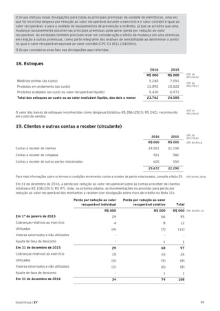 99Good Group | EY
18. Estoques
2016 2015
R$ 000 R$ 000
Matérias-primas (ao custo) 5.240 7.091
Produtos em andamento (ao custo) 13.092 10.522
Produtos acabados (ao custo ou valor recuperável líquido) 5.430 6.972
Total dos estoques ao custo ou ao valor realizável líquido, dos dois o menor 23.762 24.585
O valor das baixas de estoques reconhecidas como despesas totalizou R$ 286 (2015: R$ 242), reconhecido
em custo de vendas.
19. Clientes e outras contas a receber (circulante)
2016 2015
R$ 000 R$ 000
Contas a receber de clientes 24.501 21.158
Contas a receber de coligadas 551 582
Contas a receber de outras partes relacionadas 620 550
25.672 22.290
Para mais informações sobre os termos e condições envolvendo contas a receber de partes relacionadas, consulte a Nota 29.
Em 31 de dezembro de 2016, a perda por redução ao valor recuperável sobre as contas a receber de clientes
totalizava R$ 108 (2015: R$ 97). Vide, na próxima página, as movimentações na provisão para perda por
redução ao valor recuperável dos montantes a receber (ver divulgação sobre risco de crédito na Nota 31).
Perda por redução ao valor
recuperável individual
Perda por redução ao valor
recuperável coletivo Total
R$ 000 R$ 000 R$ 000
Em 1° de janeiro de 2015 29 66 95
Cobranças relativas ao exercício 4 8 12
Utilizadas (4) (7) (11)
Valores estornados e não utilizados - - -
Ajuste de taxa de desconto - 1 1
Em 31 de dezembro de 2015 29 68 97
Cobranças relativas ao exercício 10 16 26
Utilizadas (3) (5) (8)
Valores estornados e não utilizados (2) (6) (8)
Ajuste de taxa de desconto - 1 1
Em 31 de dezembro de 2016 34 74 108
CPC 16
(R1).36 (b)
CPC 26
(R1).78 (c)
CPC 16
(R1).36 (e)
CPC 26
(R1).78 (b)
CPC 40 (R1).6
CPC 40 (R1).16
CPC 05 (R1).18 (b)
O Grupo efetuou essas divulgações para todas as principais premissas da unidade de eletrônicos, uma vez
que foi incorrida despesa por redução ao valor recuperável durante o exercício e o valor contábil é igual ao
valor recuperável, e para a unidade de equipamentos de prevenção a incêndio, já que se acredita que uma
mudança razoavelmente possível nas principais premissas pode gerar perda por redução ao valor
recuperável. As entidades também precisam levar em consideração o efeito da mudança em uma premissa
em relação a outras premissas, como parte integrante das análises de sensibilidade ao determinar o ponto
no qual o valor recuperável equivale ao valor contábil (CPC 01 (R1).134(f)(iii)).
O Grupo considerou esse fato nas divulgações aqui referidas.
 