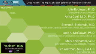 Good Health:The Impact of Space Science on Precision Medicine
Julie Robinson, Ph.D.
CHIEF SCIENTIST, NASA ISS PROGRAM
Anita Goel, M.D., Ph.D.
CHAIRMAN & CEO, NANOBIOSYM
Steven R. Steinhubl, M.D.
DIRECTOR, DIGITAL MEDICINE, SCRIPPSTRANSLATIONAL RESEARCH INSTITUTE
Joan A. McGowan, Ph.D.
DIRECTOR, DIVISION OF MUSCULOSKELETAL DISEASES, NIAMS, NIH
Mark Shelhamer, Sc.D.
CHIEF SCIENTIST, NASA HUMAN RESEARCH PROGRAM
TimYeatman, M.D., F.A.C.S.
CHIEF SCIENTIST, CASIS
MODERATOR:
PANEL:
 